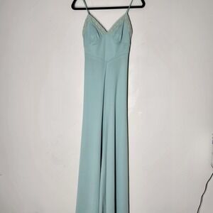Vintage 1970s Mandy Malone Seafoam Lace Trim Empire Waist Maxi Dress Retro Glam